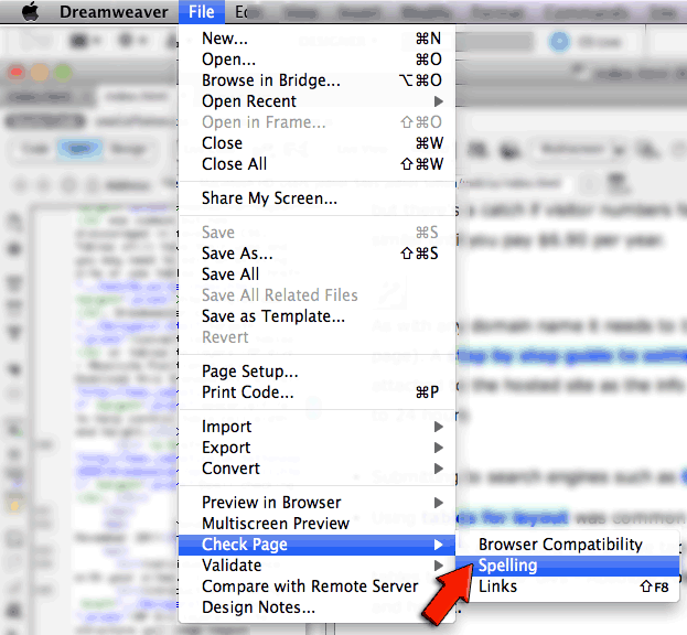 Dreamweaver spell check menu