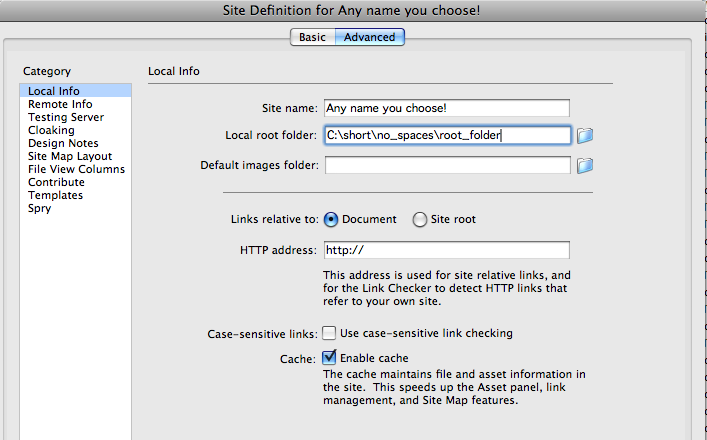 setting up Dreamweaver site